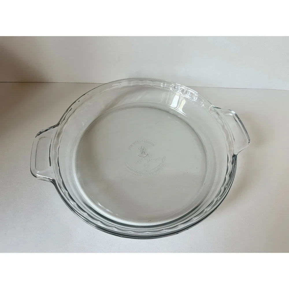 Anchor Hocking 9.5 Inch Clear Glass Pie Dish with Handles Scalloped Edge USA